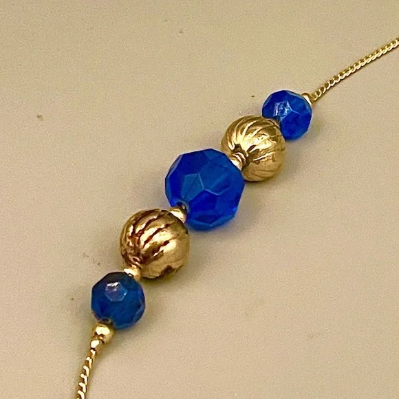 Vintage Cobalt Blue & Gold Bead Long Chain Necklace Gold Tone Plastic Metal - Picture 5 of 7